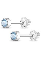 lovely mini white gold round bezel March birthstone baby earrings 